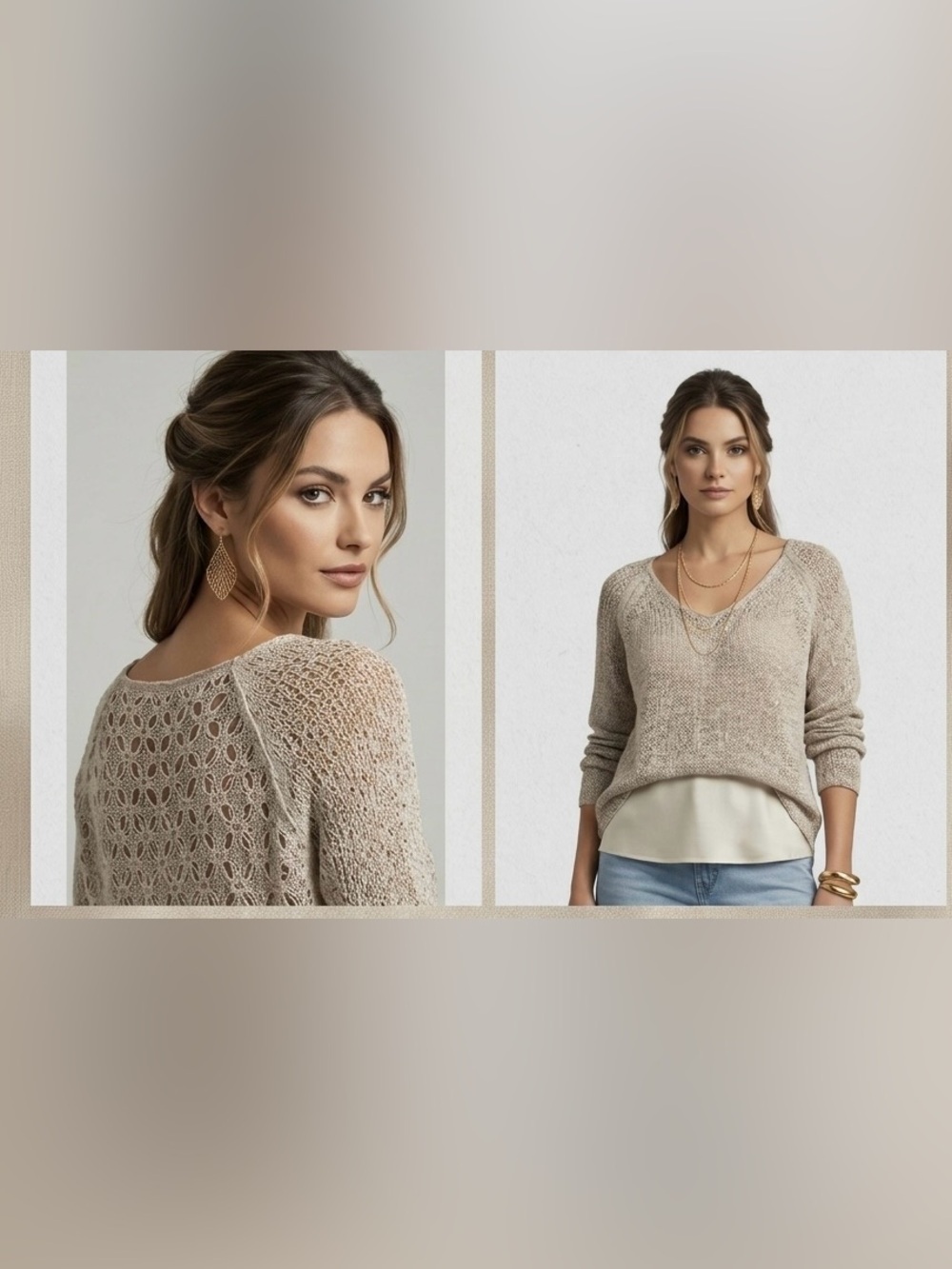 Poof! Neutral Beige Open-Weave V-Neck Sweater
